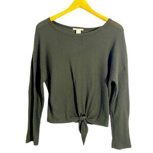 Caution To The Wind Green Waffle Knit Long Sleeve Tie Front Top, Size Small